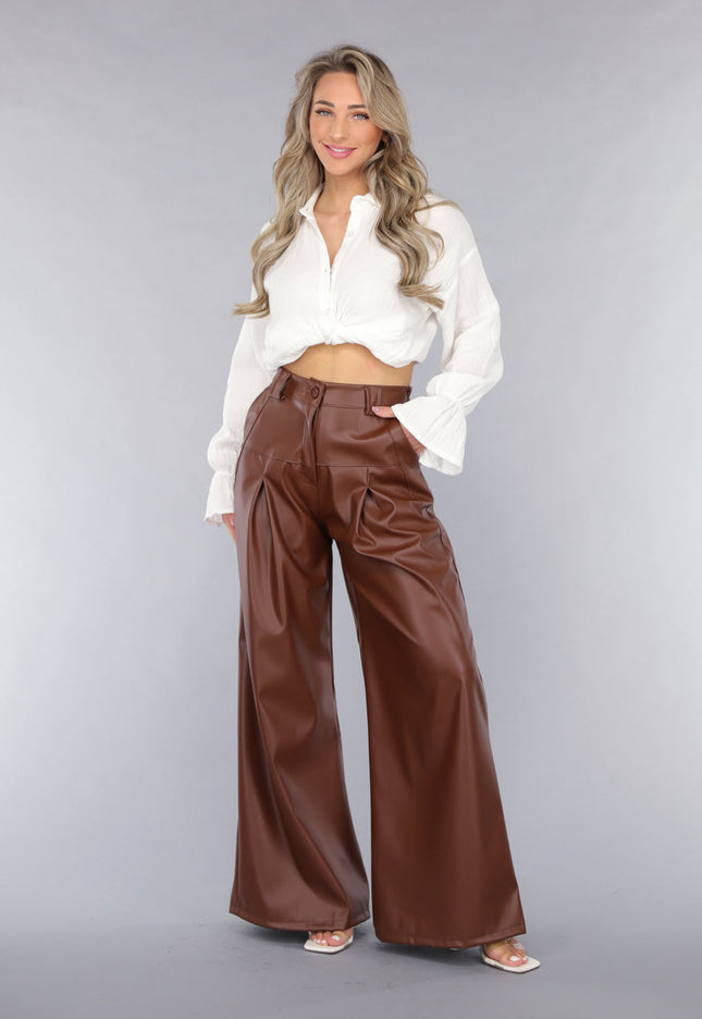 NEW050325 Bruine Lederlook Wide Leg Tall Broek