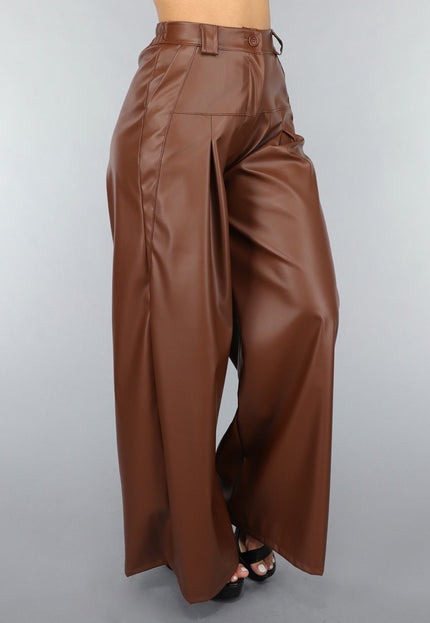NEW050325 Bruine Lederlook Wide Leg Tall Broek