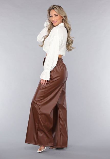 NEW050325 Bruine Lederlook Wide Leg Tall Broek