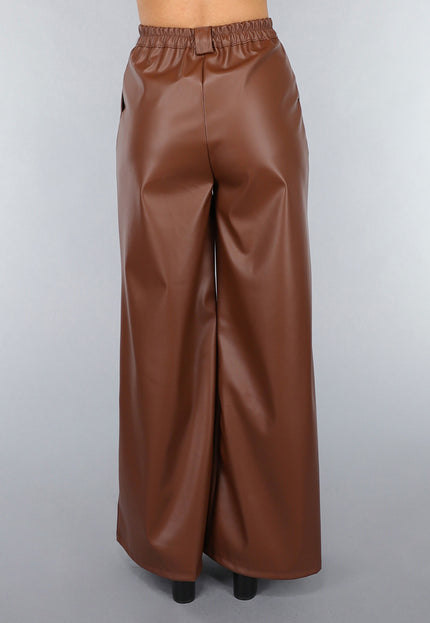 NEW050325 Bruine Lederlook Wide Leg Tall Broek