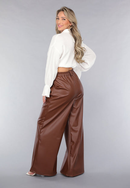 NEW050325 Bruine Lederlook Wide Leg Tall Broek