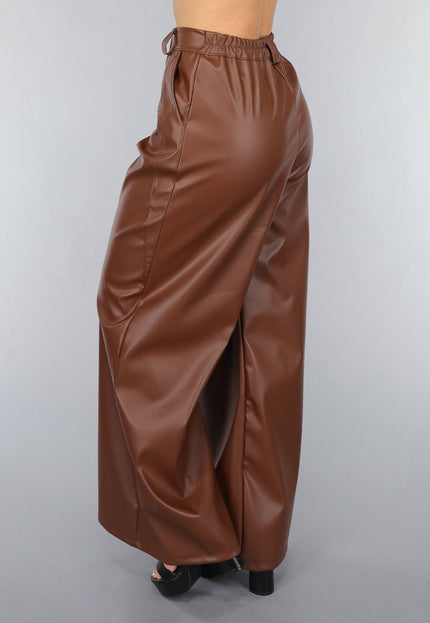 NEW050325 Bruine Lederlook Wide Leg Tall Broek