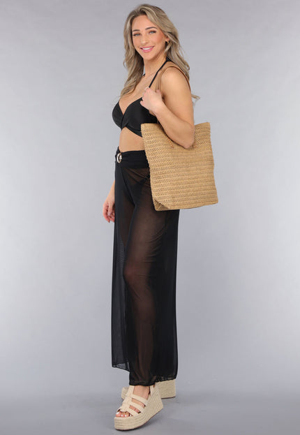 NEW050325 Bruine Raffia Tote Tas met Bruine Lederlook Banden