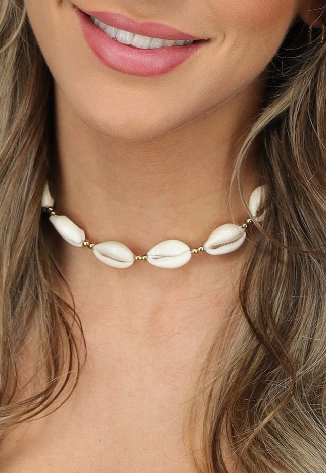 NEW050325 Halsketting met Kauri Schelpjes en Gouden Kraaltjes