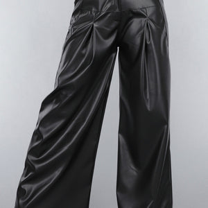 NEW050325 Tall Lederlook Wide Leg Pantalon in Zwart