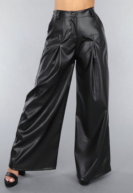 NEW050325 Tall Lederlook Wide Leg Pantalon in Zwart