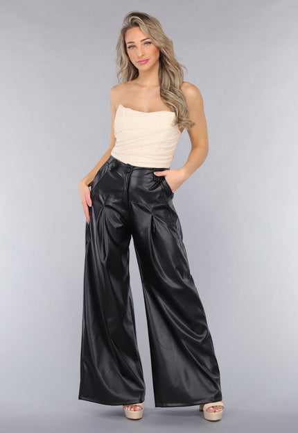 NEW050325 Tall Lederlook Wide Leg Pantalon in Zwart