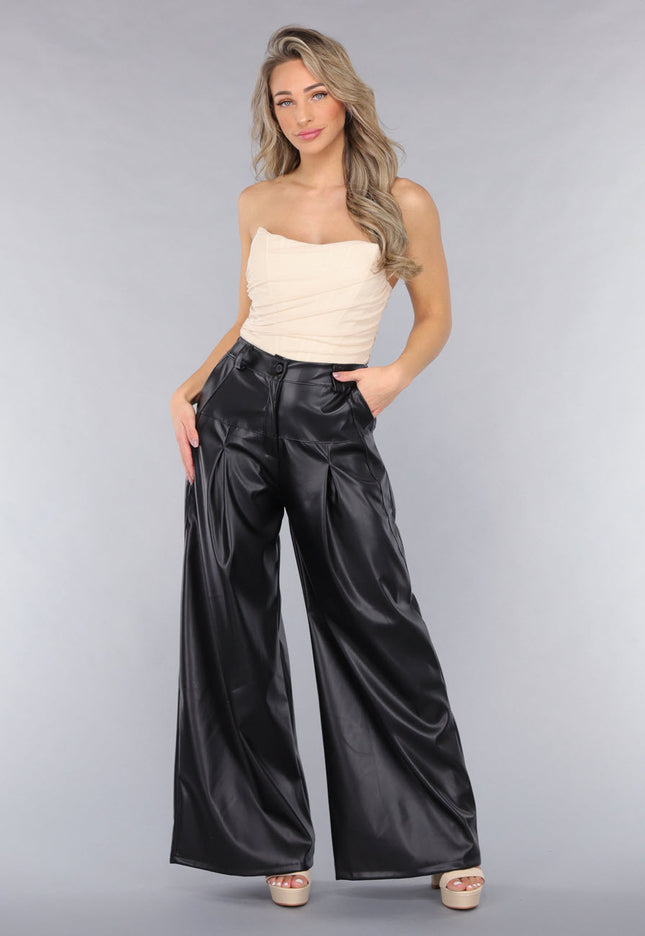 NEW050325 Tall Lederlook Wide Leg Pantalon in Zwart
