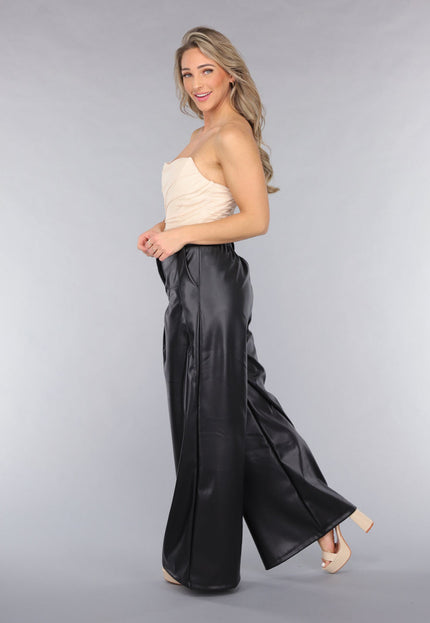NEW050325 Tall Lederlook Wide Leg Pantalon in Zwart