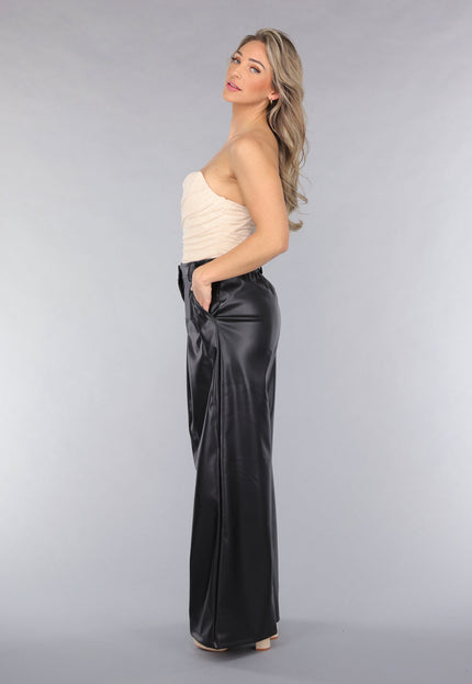 NEW050325 Tall Lederlook Wide Leg Pantalon in Zwart