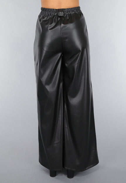NEW050325 Tall Lederlook Wide Leg Pantalon in Zwart