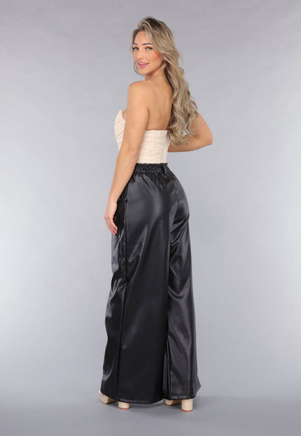 NEW050325 Tall Lederlook Wide Leg Pantalon in Zwart