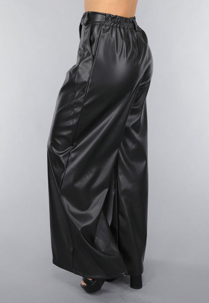 NEW050325 Tall Lederlook Wide Leg Pantalon in Zwart
