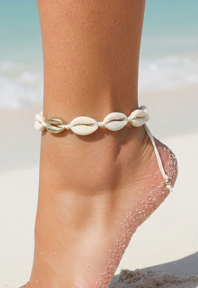 NEW050325 Verstelbaar Enkelbandje met Kauri Schelpen