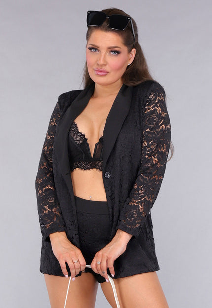 NEW050325 Zwarte Lace Short Set met Blazer