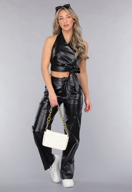 OP=OP.50.NL Zwarte Lederlook Cargo 2-Piece met Halter Top