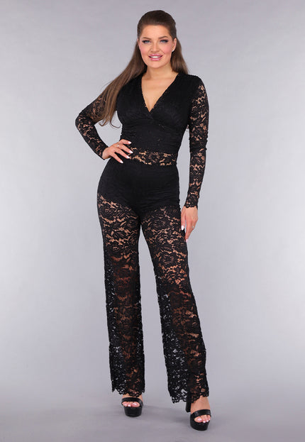 OP=OP.05.NL Zwarte Padded Lace Bodysuit met Lange Mouwen