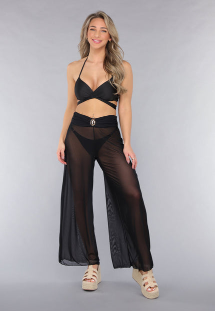 NEW050325 Zwarte Wide Leg Cover-Up Broek met Statement Detail