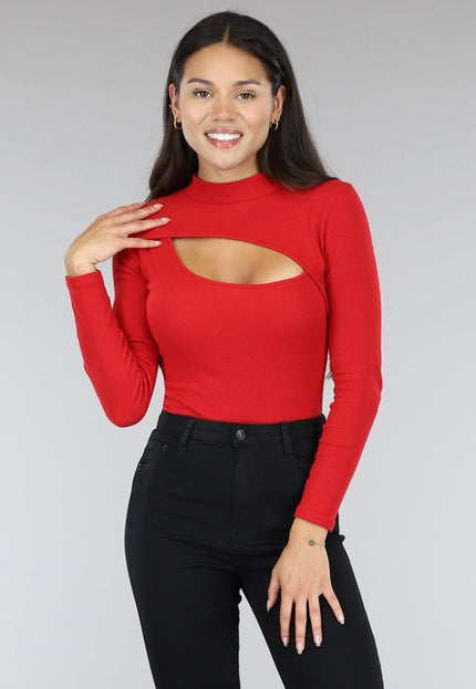 NEW0504 Rode Rib Bodysuit met Uitsnede