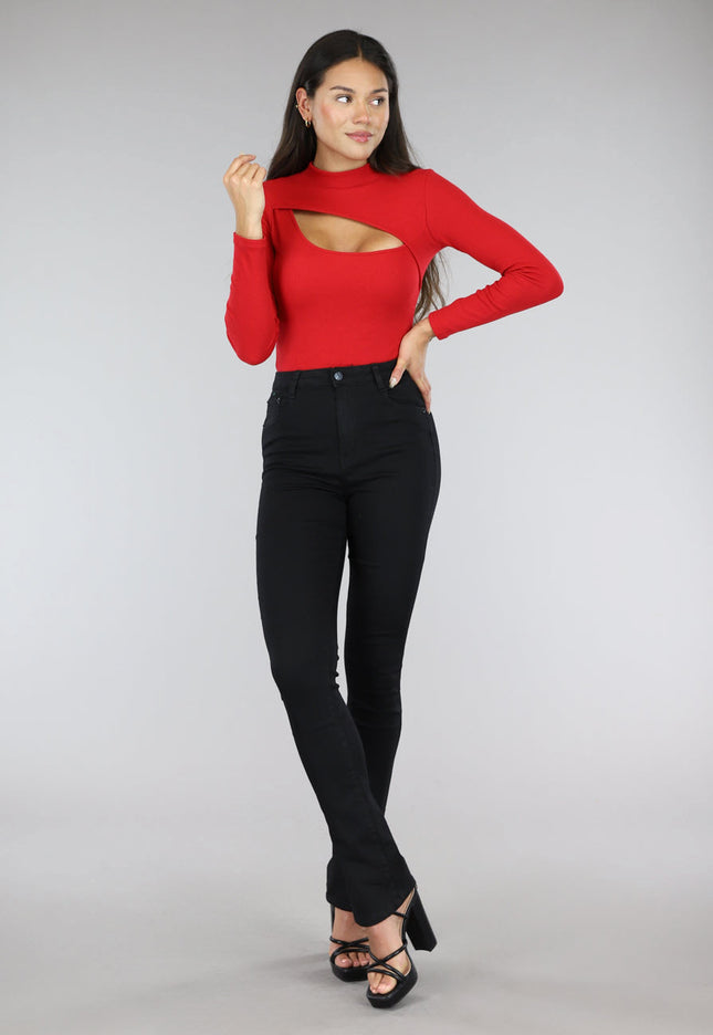 NEW0504 Rode Rib Bodysuit met Uitsnede