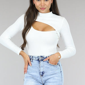 NEW0504 Witte Rib Bodysuit met Uitsnede