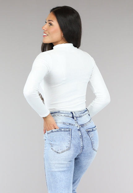 NEW0504 Witte Rib Bodysuit met Uitsnede