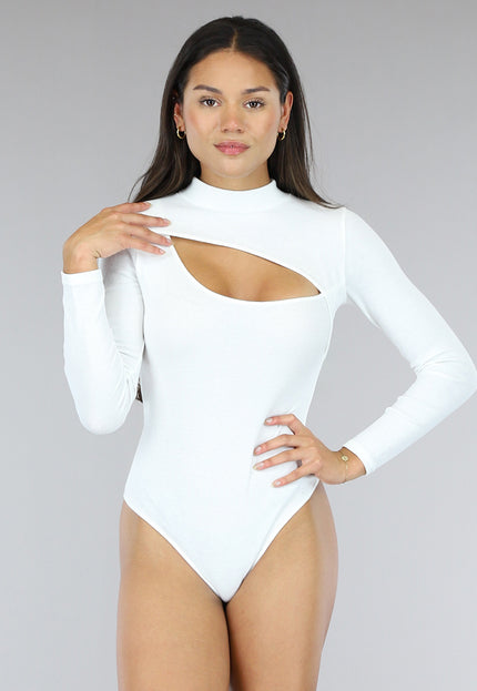 NEW0504 Witte Rib Bodysuit met Uitsnede