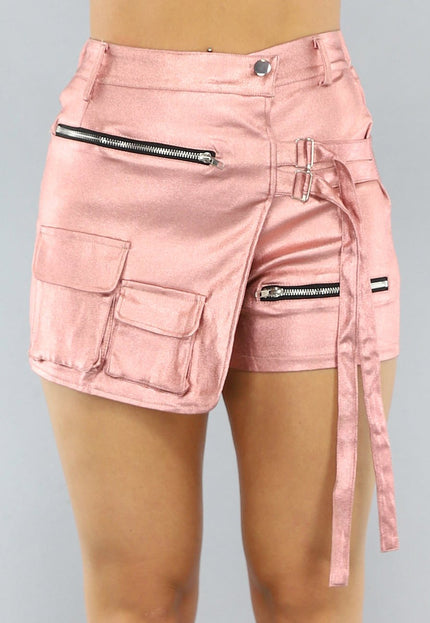 NEW0506 Metallic Roze Overslag Cargo Skort