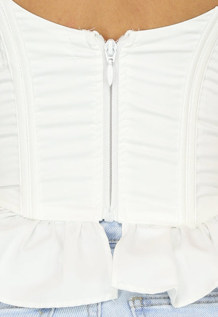 NEW0506 Witte Ruffle Korset Top met Strikdetail