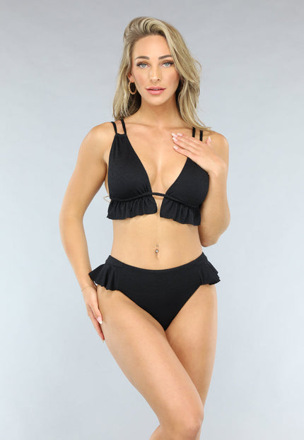 NEW0506 Zwart Ruffle Bikini Broekje met Hoge Taille