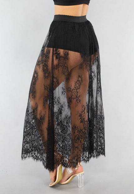 NEW0506 Zwarte Kanten Maxi Rok met Ingewerkt Broekje
