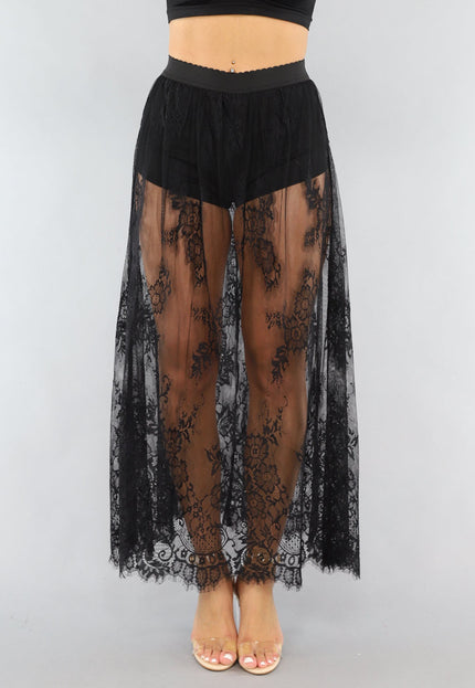 NEW0506 Zwarte Kanten Maxi Rok met Ingewerkt Broekje