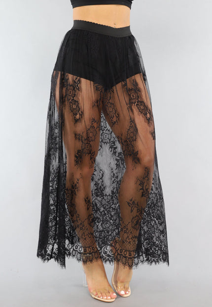 NEW0506 Zwarte Kanten Maxi Rok met Ingewerkt Broekje