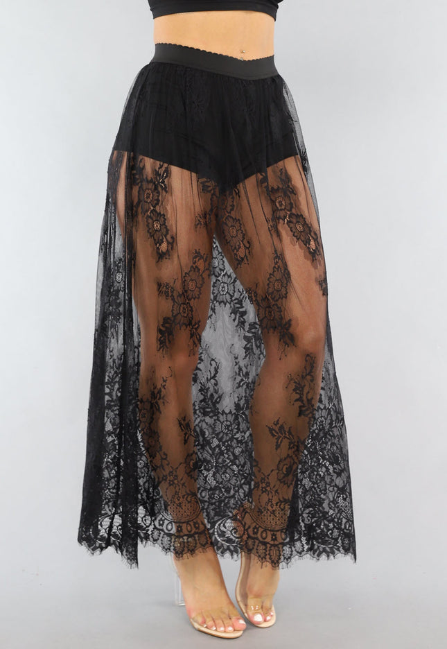 NEW0506 Zwarte Kanten Maxi Rok met Ingewerkt Broekje