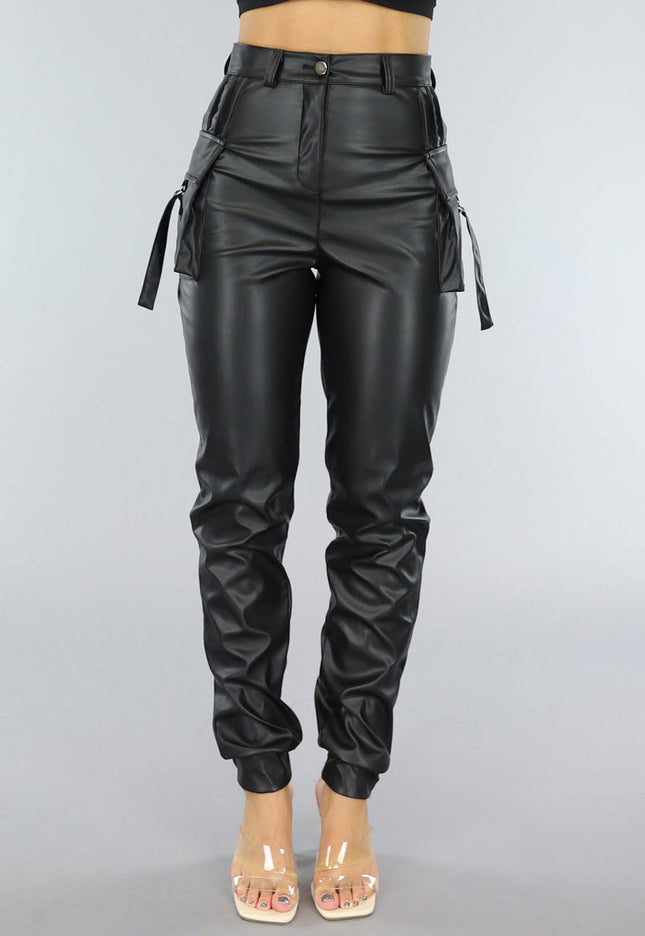 NEW0507 Lange Zwarte Lederlook Cargo Broek