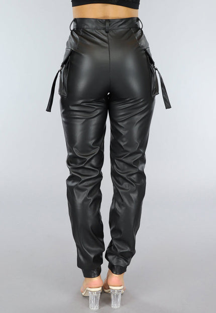 NEW0507 Lange Zwarte Lederlook Cargo Broek