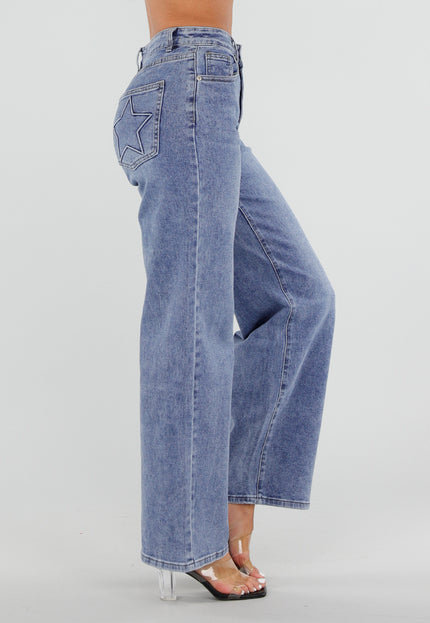 NEW050826 Blauwe Wide Leg Jeans met Ster Detail