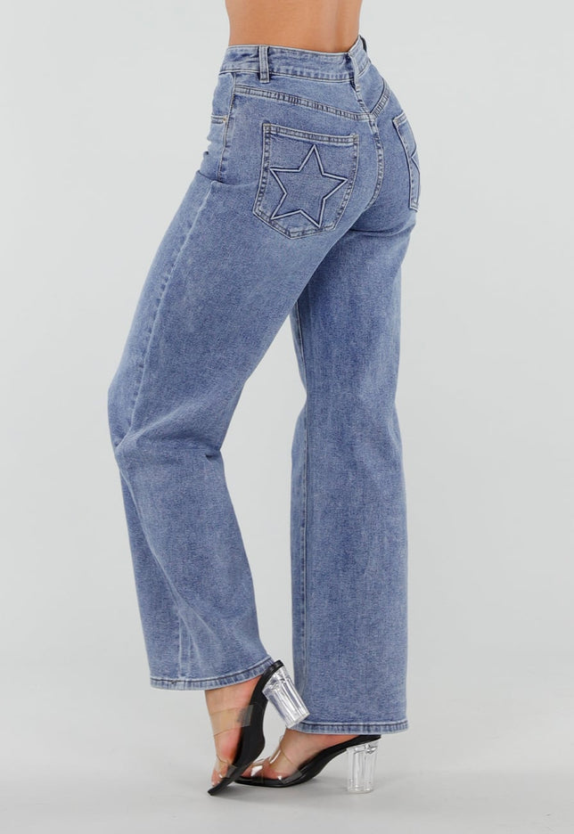 NEW050826 Blauwe Wide Leg Jeans met Ster Detail