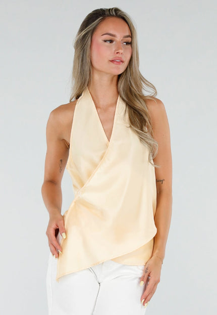 NEW050826 Gele Satijnen Halter Top met Overslag