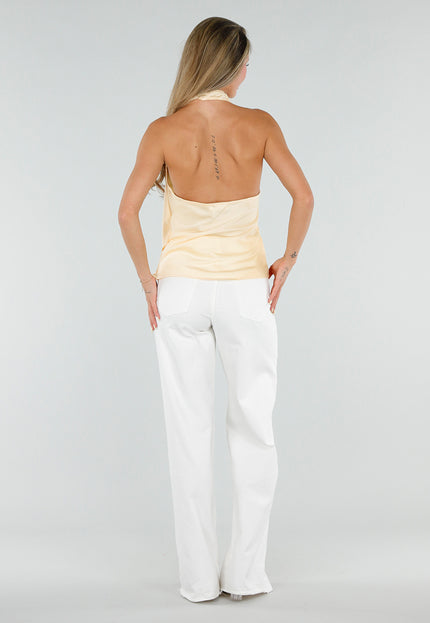 NEW050826 Gele Satijnen Halter Top met Overslag