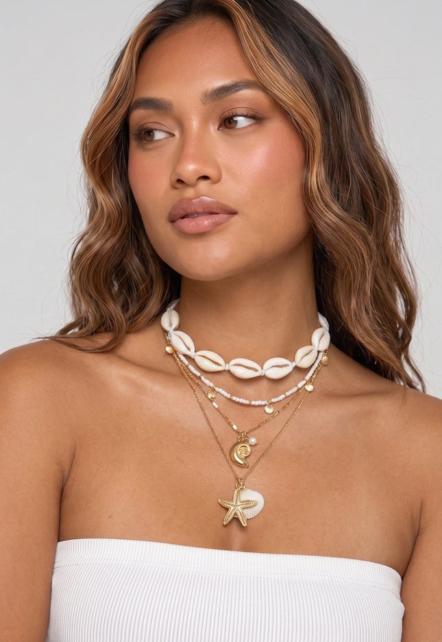 NEW050826 Gouden Kettingen Set met Schelpen