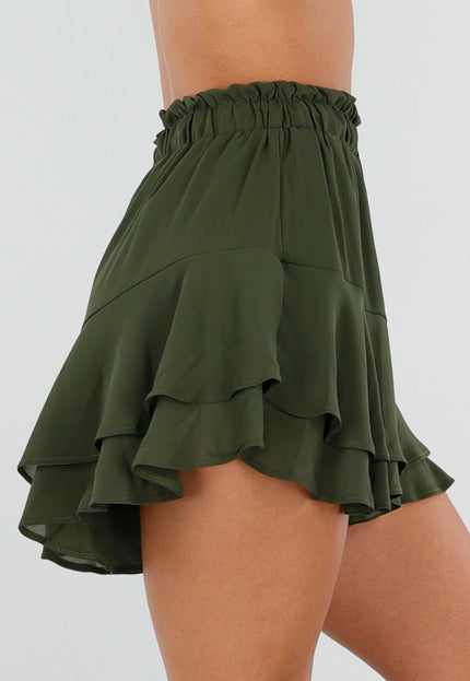 NEW050826 Olijfgroene Ruffle Skort met Strikkoord