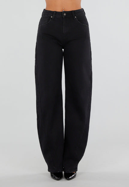 NEW050826 Tall Zwarte Barrel Jeans met Hoge Taille