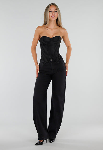 NEW050826 Tall Zwarte Barrel Jeans met Hoge Taille