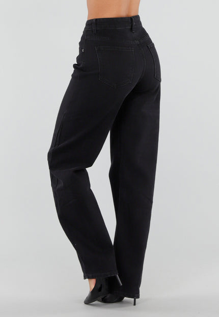 NEW050826 Tall Zwarte Barrel Jeans met Hoge Taille