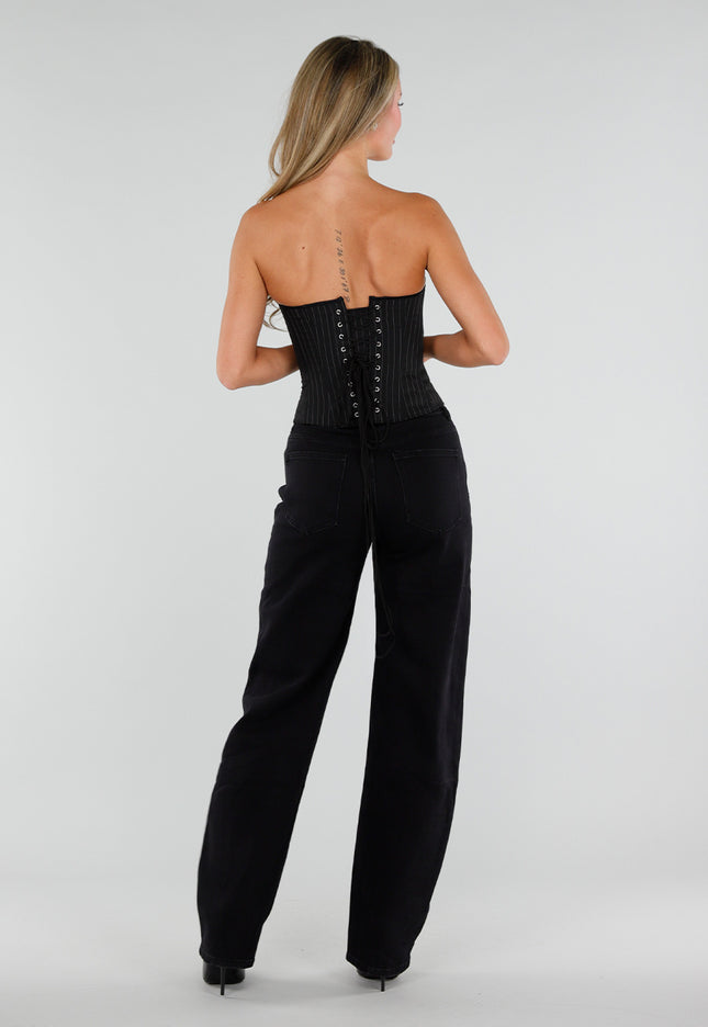 NEW050826 Zwart Gestreept Strapless Korset