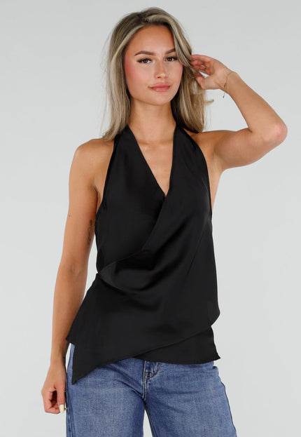 NEW050826 Zwarte Satijnen Halter Top met Overslag