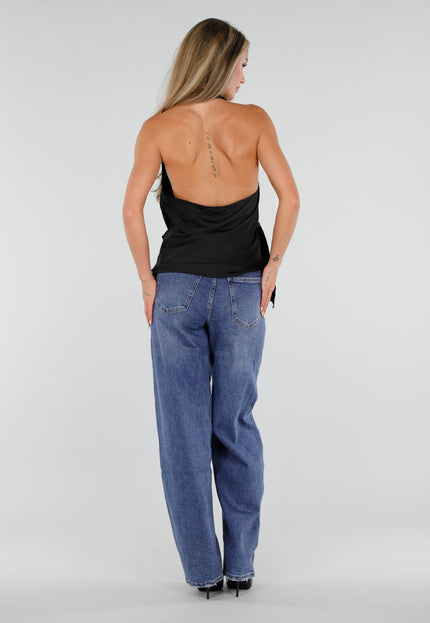 NEW050826 Zwarte Satijnen Halter Top met Overslag