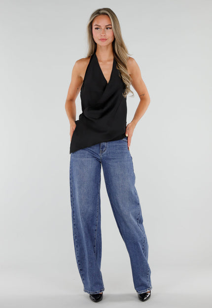 NEW050826 Zwarte Satijnen Halter Top met Overslag