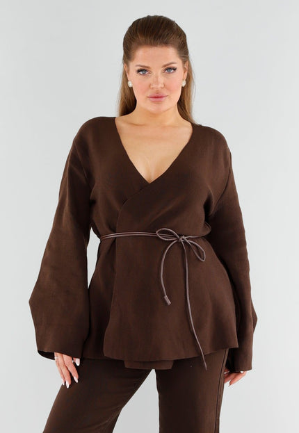 NEW051125 Bruine Overslag Trui met Ceintuur